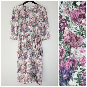 Vintage Floral Dress 80s Pellini Pastel Elastic Waist Peplum Dress M/L